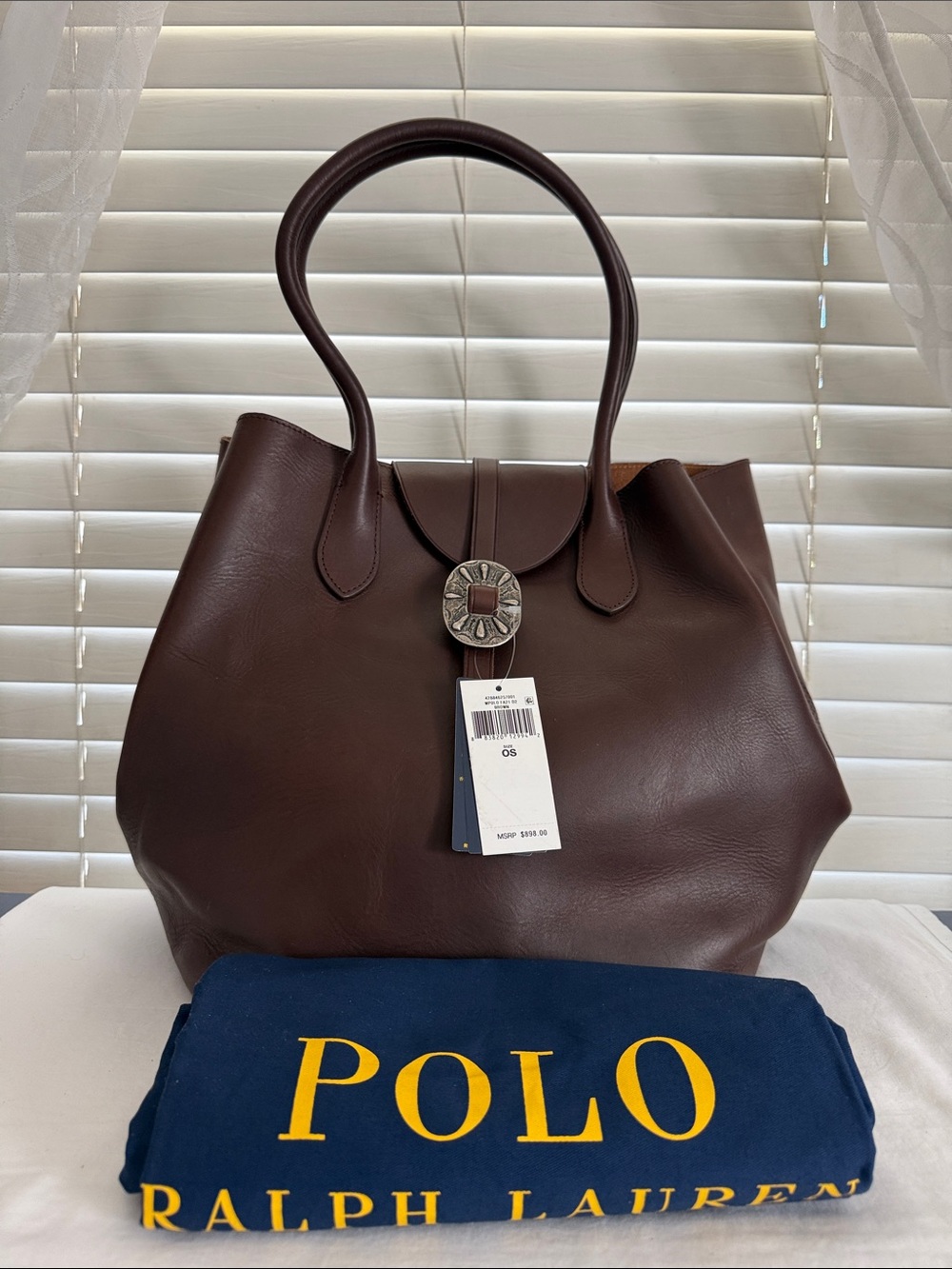 NWT Polo by Ralph Lauren Big Dark Brown Leather Tote with Medallion